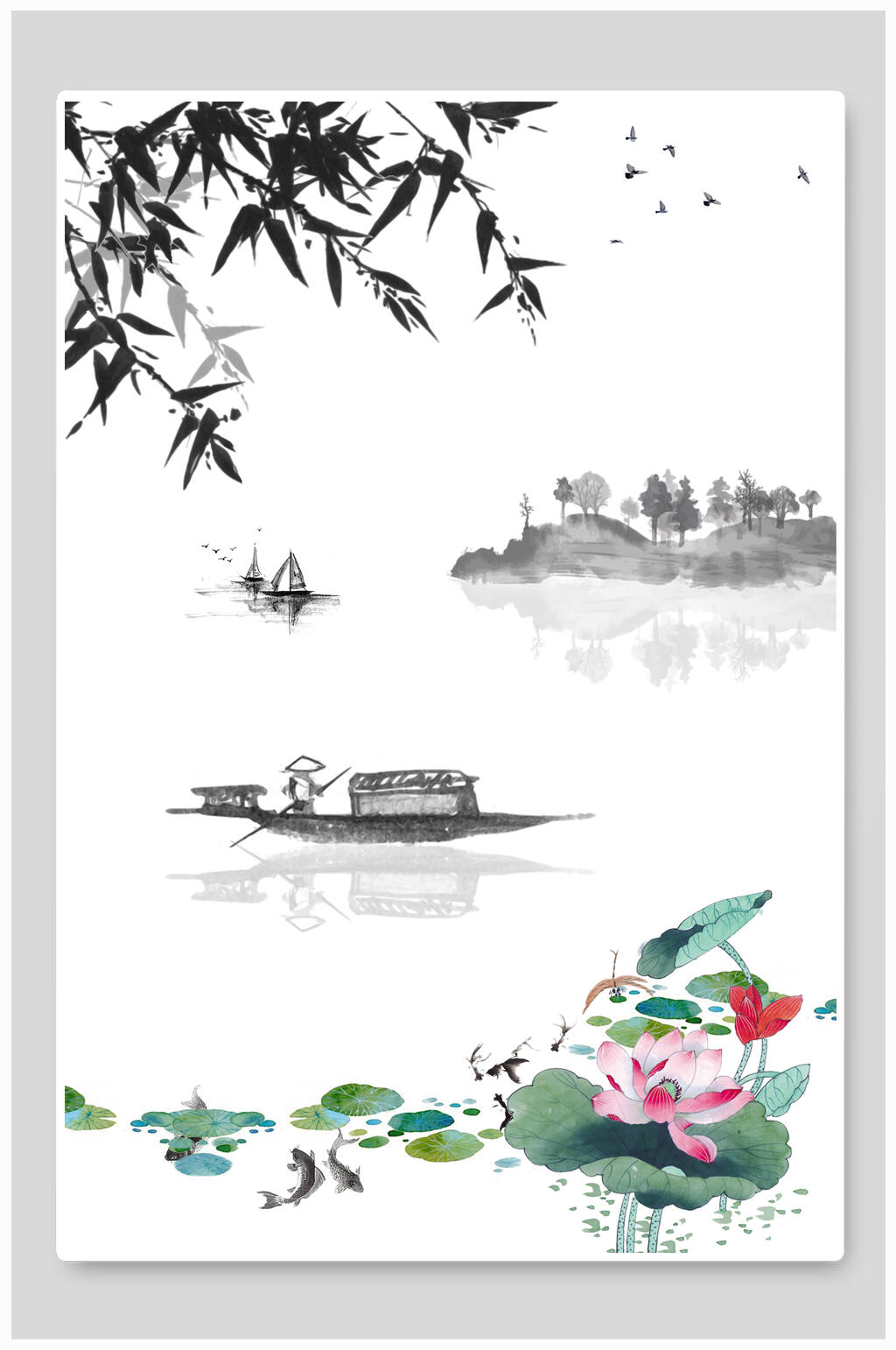 中国风荷塘泛舟免抠背景素材素材