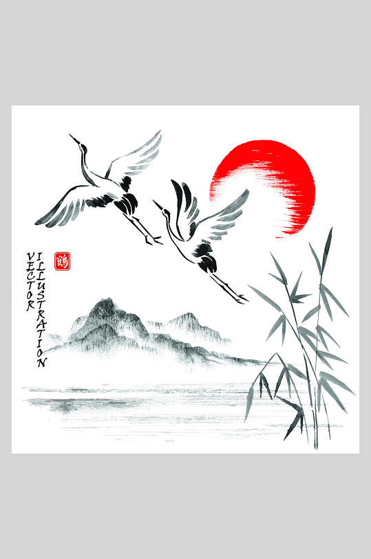 水墨中国风山水仙鹤插画素材