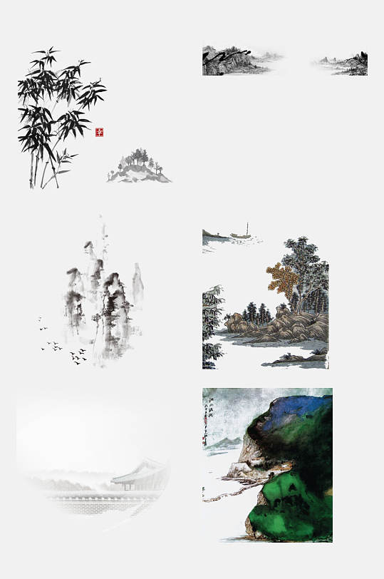 中国风水墨风著名山水画免抠背景元素素材