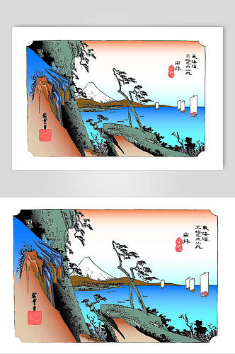 日式小岛山海浮世绘插画