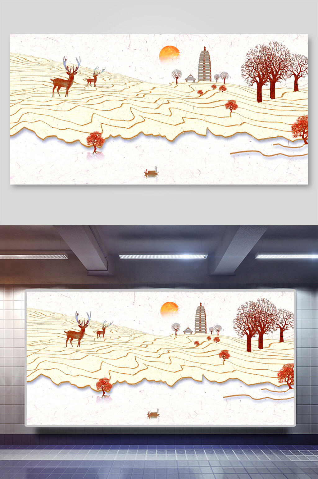 水墨中国风田园鹿展板素材