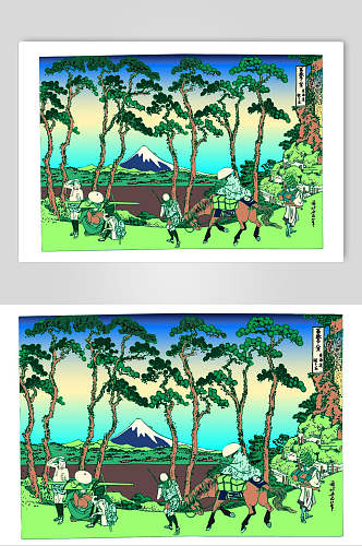 日本富士山下运输日式浮世绘插画