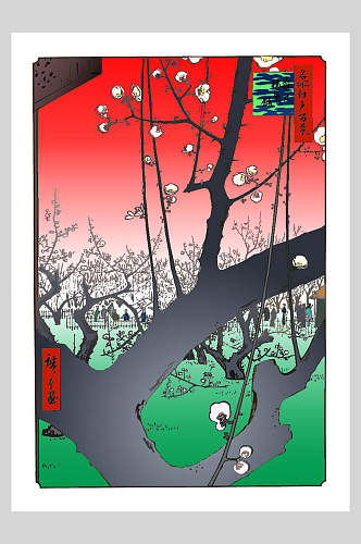 红色绿色森林棉花日式浮世绘插画