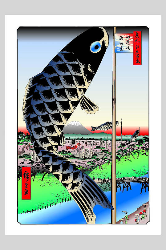 日本锦鲤旗日式浮世绘插画