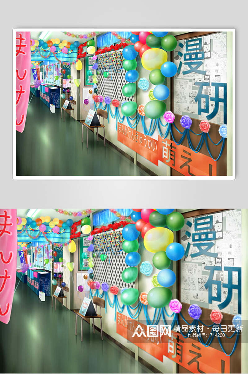 日系校园祭走廊和风漫画学校背景素材