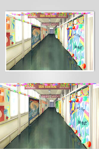 日系校园祭走廊和风漫画学校背景
