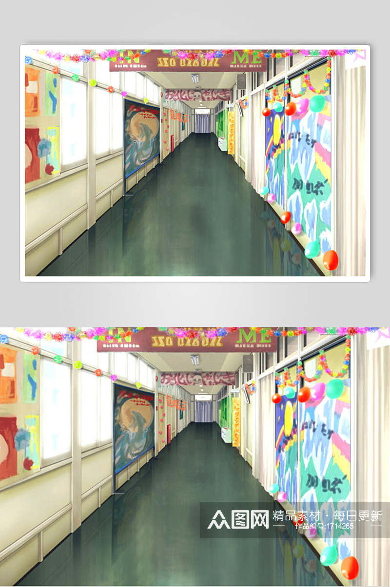 日系校园祭走廊和风漫画学校背景素材