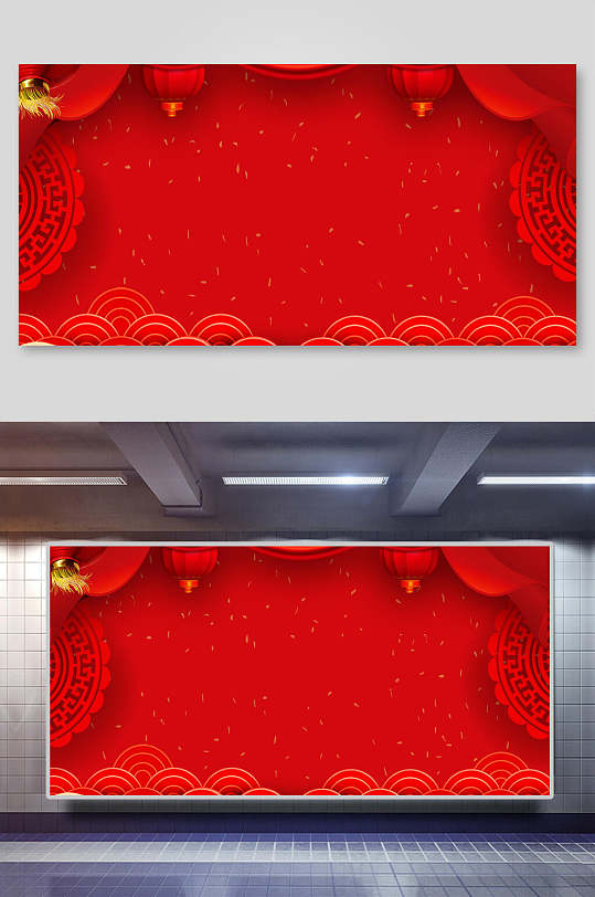 红色灯笼线条喜庆中式背景展板