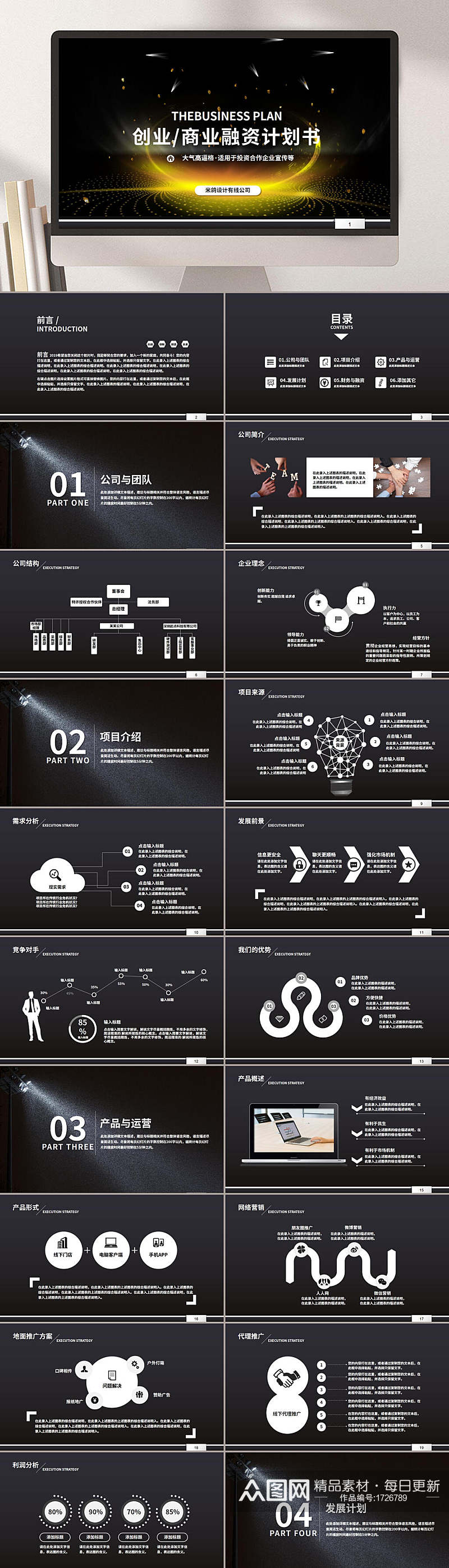 黑色创业商业融资计划书ppt素材