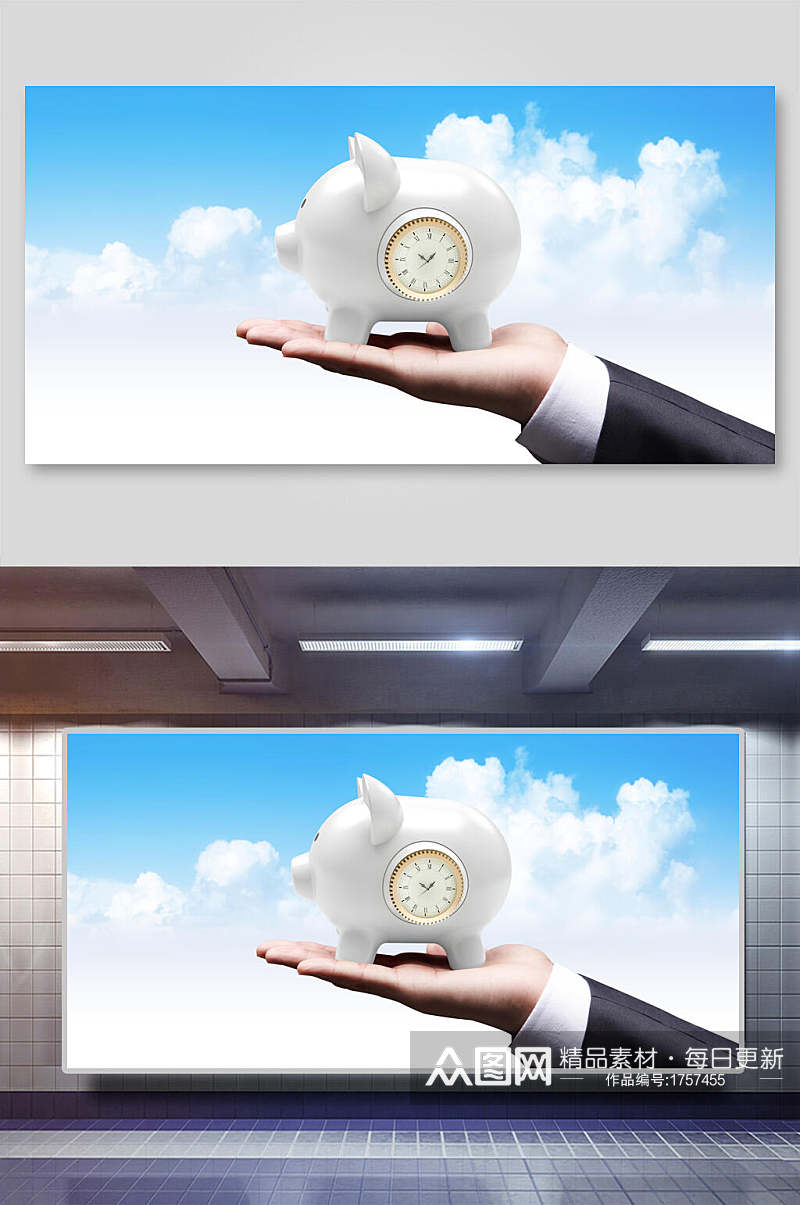 钟表猪手蓝天平面广告免抠背景展板素材