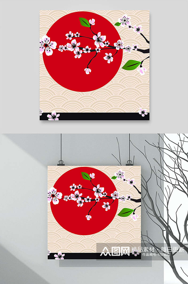 红色日本日系日式风景插画素材素材
