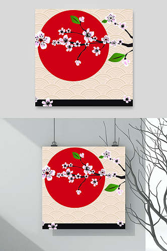 红色日本日系日式风景插画素材