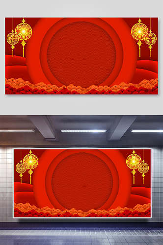 大红圆环喜庆中式背景展板