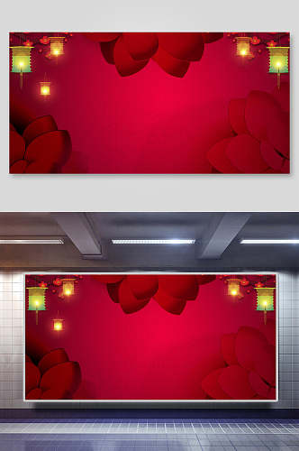 大红花瓣喜庆中式背景展板