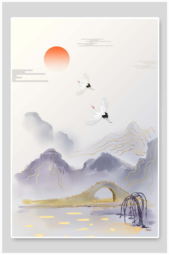 彩色仙鹤山水日中国风免抠背景