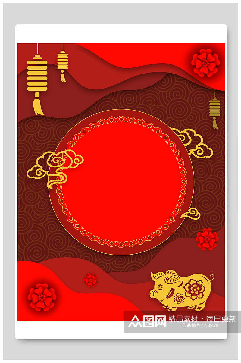 红色圆盘金猪喜庆中式背景素材