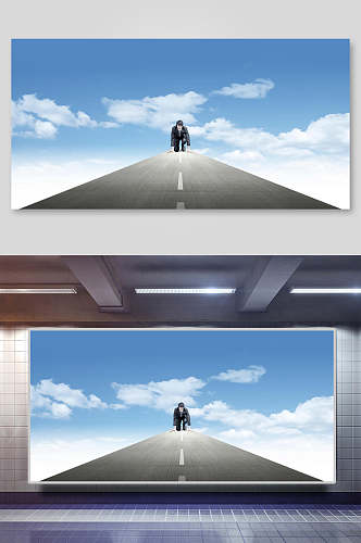 跑步公路奇幻平面广告免抠背景展板