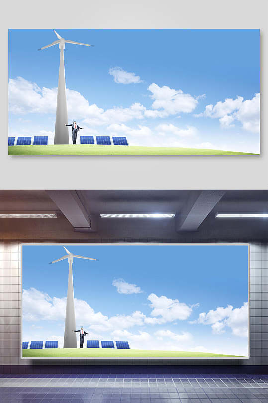 蓝天风力发电机人平面广告免抠背景展板