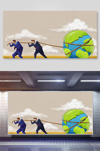 双人合作地球平面广告免抠背景展板