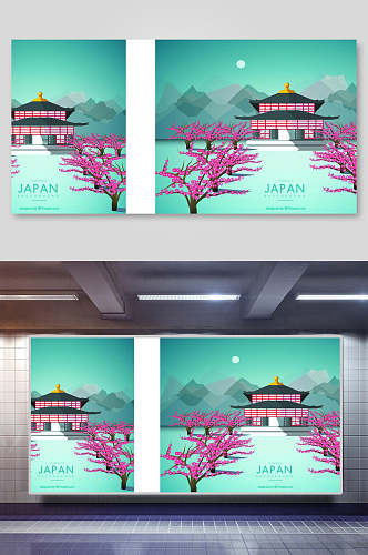 绿色日本日系日式风景插画素材
