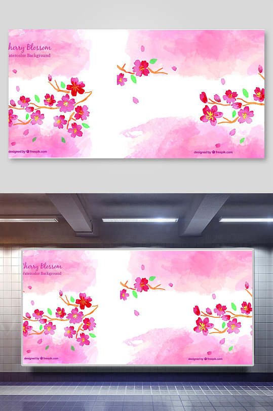 水彩粉色樱花日本日系日式风景插画素材
