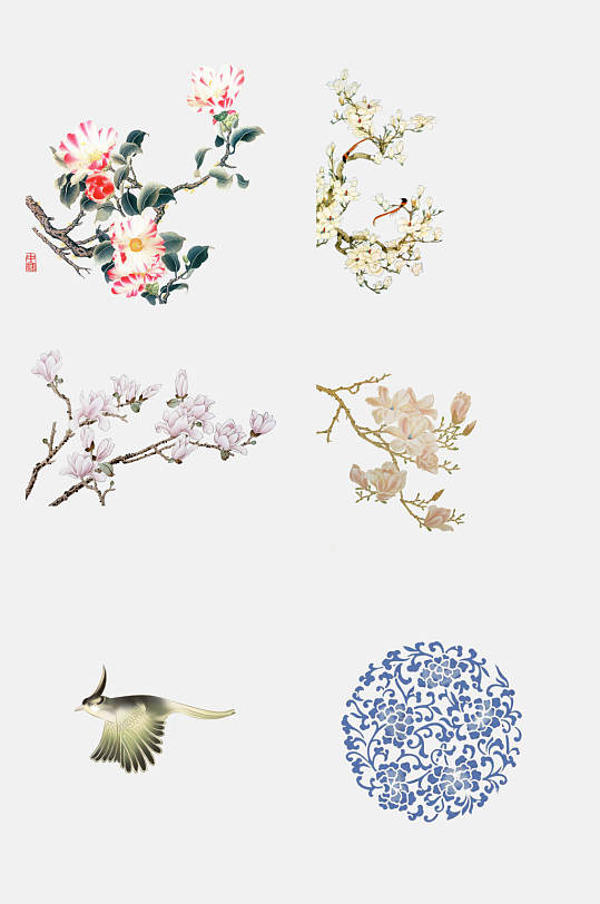 中式花卉动物工笔画免抠元素