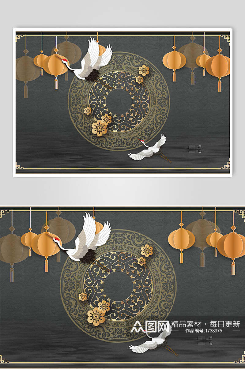 复古中式灯笼仙鹤背景海报素材