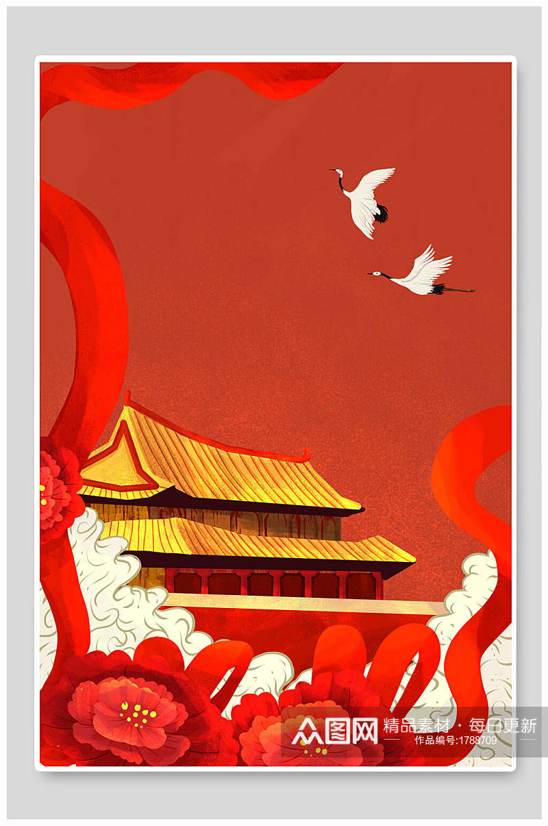 中式红金国庆节插画素材素材
