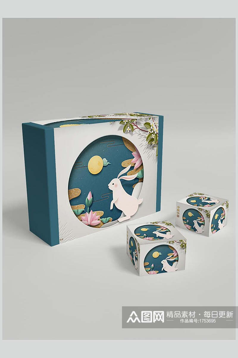 国潮精美月饼礼盒包装样机贴图效果图素材