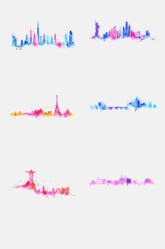 炫彩水彩水墨城市剪影