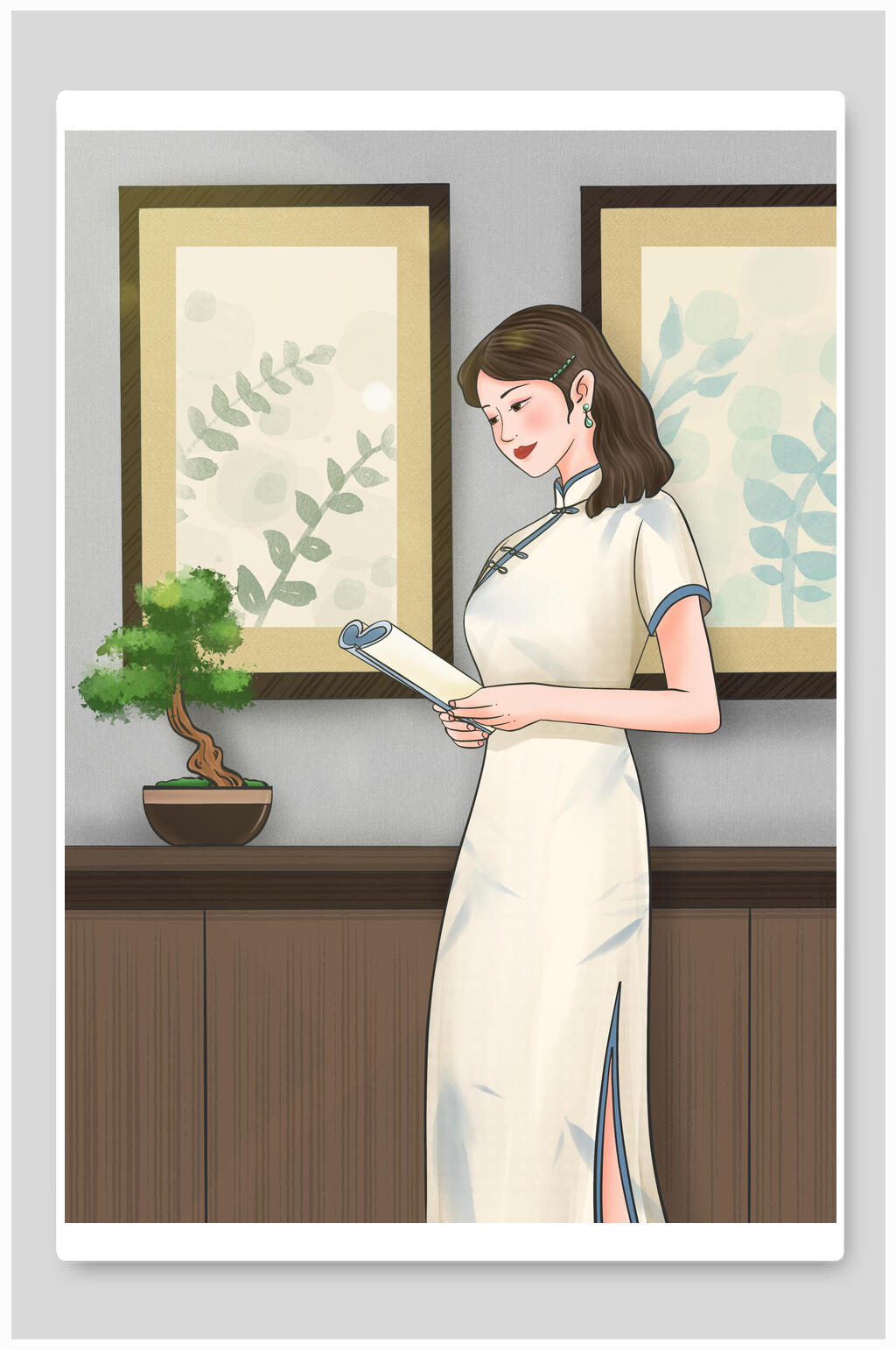大气温柔旗袍女子插画素材素材