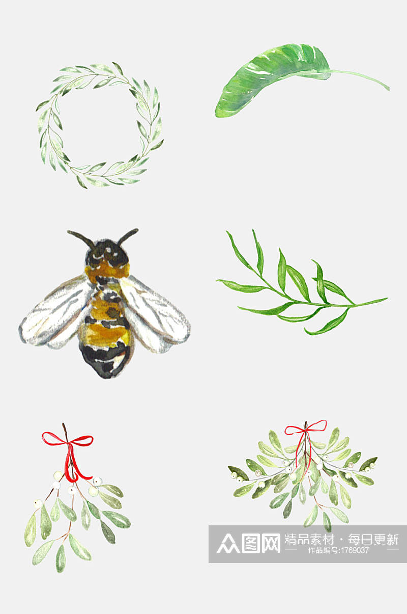 蜜蜂植物手绘水彩免扣素材