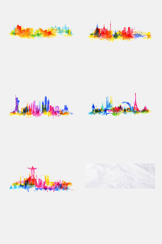 彩色炫彩水彩水墨城市剪影