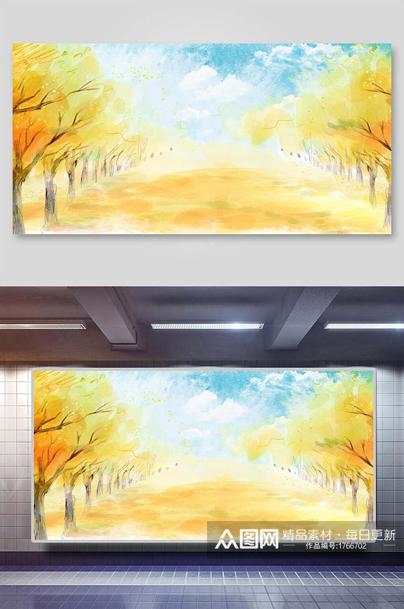 水彩树秋天金黄背景展板素材