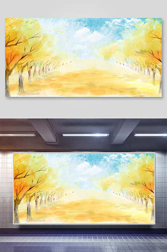 水彩树秋天金黄背景展板