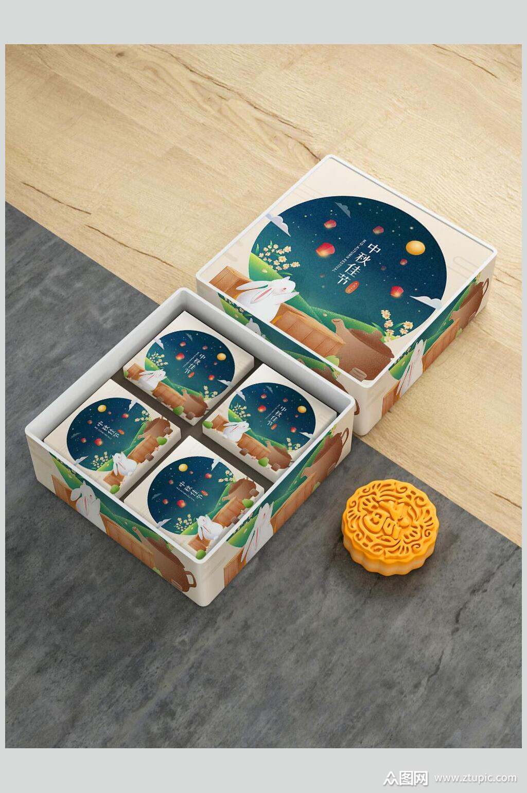 中国风复古淡雅蓝色月饼包装样机贴图效果图