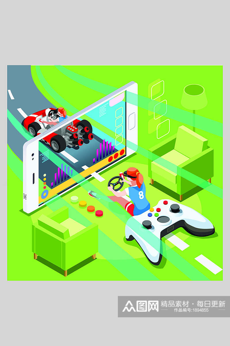 玩赛车游戏生活场景插画素材素材