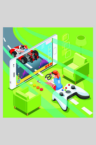 玩赛车游戏生活场景插画素材