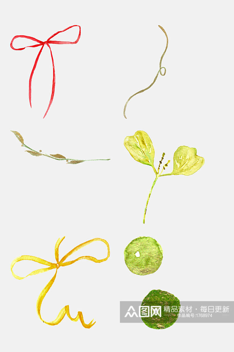植物茎丝带手绘水彩免扣素材