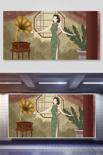 复古风老上海旗袍女子插画素材