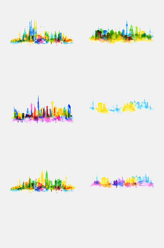 炫彩趣味水彩水墨城市剪影