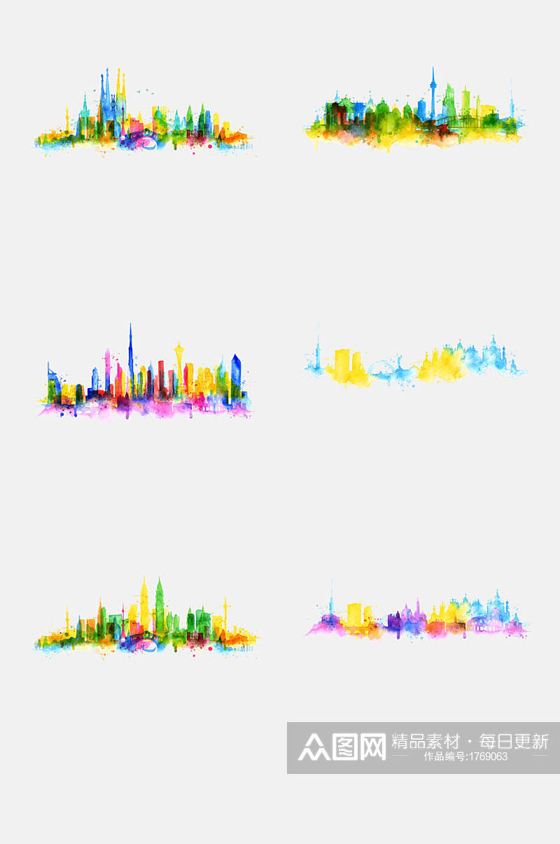 炫彩趣味水彩水墨城市剪影素材