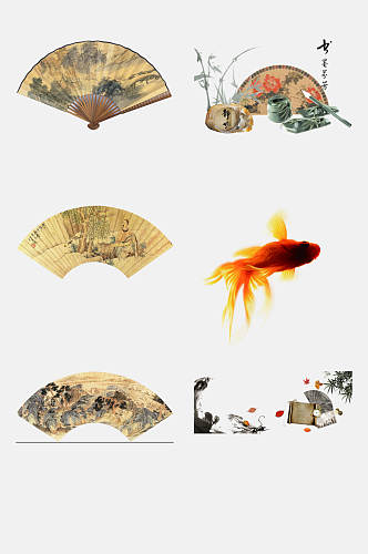 水墨中国风扇子金鱼免抠元素素材