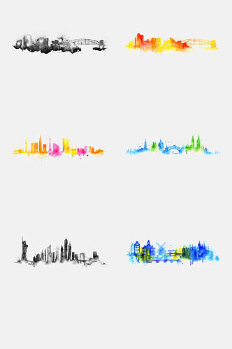 彩色趣味水彩水墨城市剪影