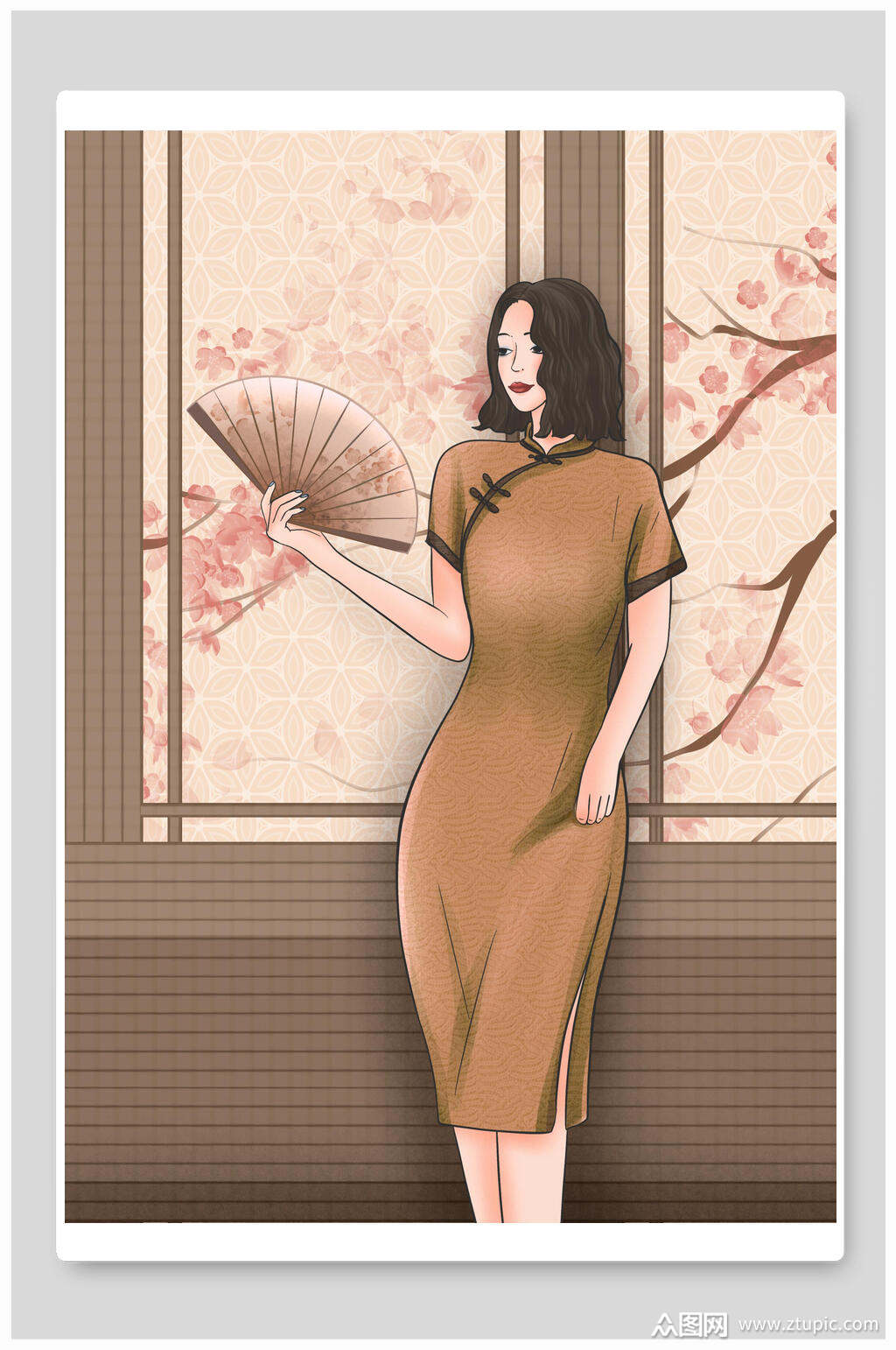 魅力旗袍女子插画素材素材