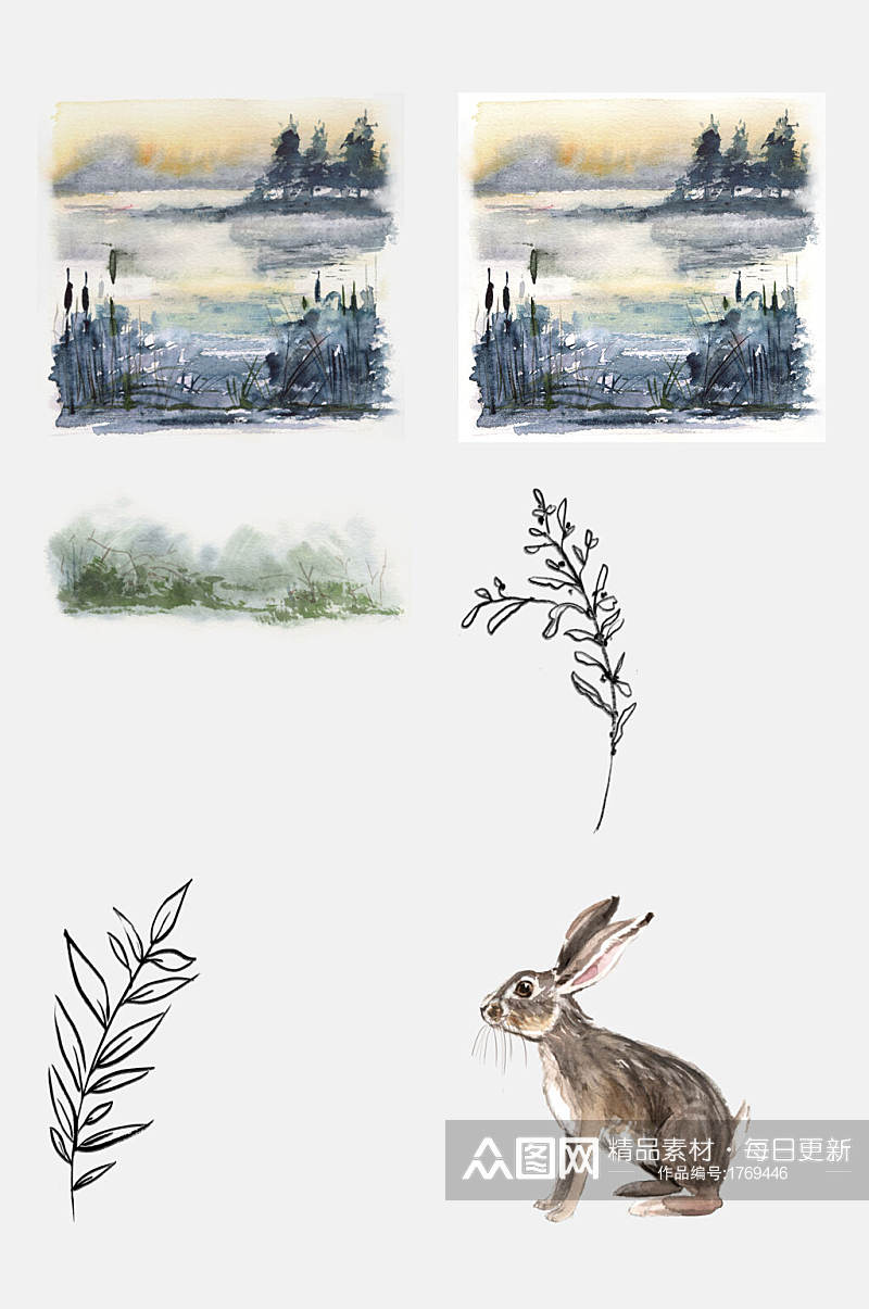 山水植物兔子婚庆手绘边框免抠元素素材
