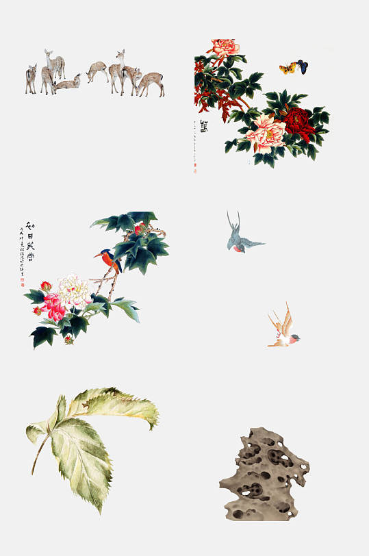 中国风花卉工笔画免抠元素
