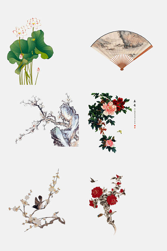 中国风花卉植物扇子工笔画免抠元素