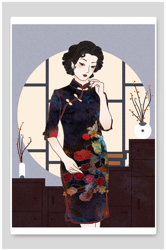 优雅高贵旗袍女子插画素材