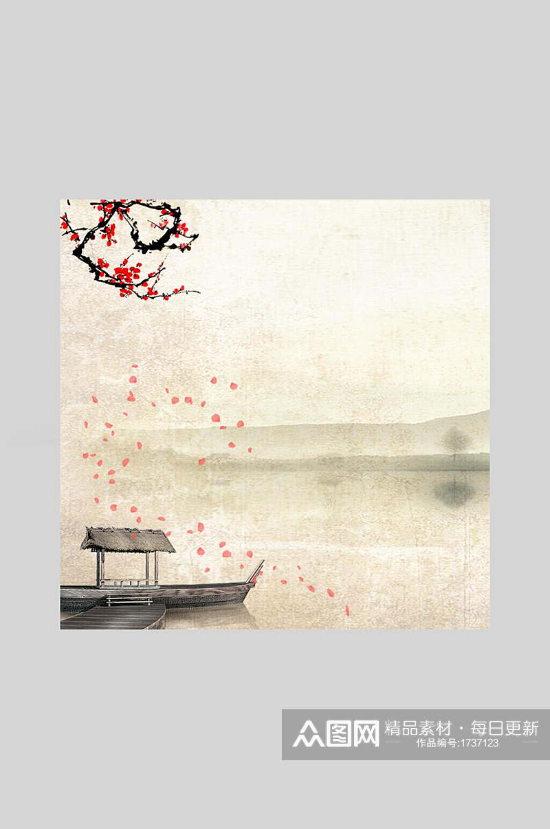 湖边小船古风中国风背景海报素材